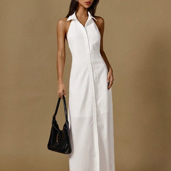White Elegant Womens Halter Neck Sleeveless Buttoned Waist Line Maxi Shirt Dress - Picture 7 of 7